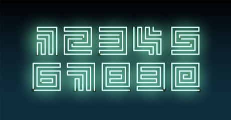 Set of Green Neon numbers. Vector maze light symbols on dark blue background. Vectors.