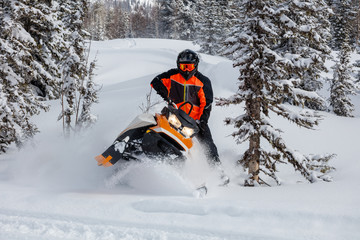the guy makes a turn on a snowmobile, leaning on his left leg. on the background of the winter forest, leaving behind a trail of splashes of white snow. bright snowmobile and suit without brands. very