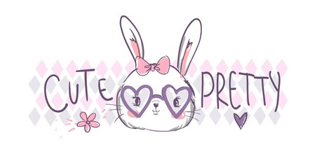 Hand Drawn Cute rabbit with glassesVector Illustration, Childrens Print Design for T-Shirt, Childish theme textile.