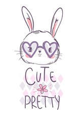 Hand Drawn Cute rabbit with glassesVector Illustration, Childrens Print Design for T-Shirt, Childish theme textile.