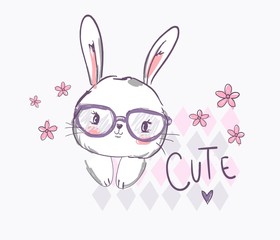 Hand Drawn Cute rabbit with glassesVector Illustration, Childrens Print Design for T-Shirt, Childish theme textile.