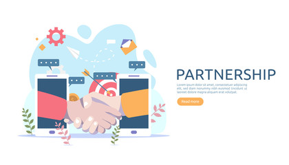 Business partnership relation concept with hand shake and tiny people character. team working together template for web landing page, banner, presentation, mockup, social media. Vector illustration.
