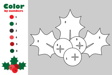 Mistletoe berry holly cartoon style, color by number, christmas education paper game for the development of children, coloring page, kids preschool activity, printable worksheet, vector illustration