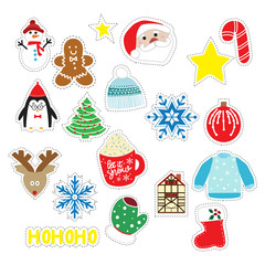 Christmas stickers. Holiday patches for your design. Hand-drawn.  New Year and Merry Christmas. Vector illustration.