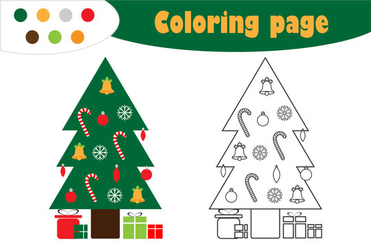 Xmas tree in cartoon style, christmas coloring page, education paper game for the development of children, kids preschool activity, printable worksheet, vector illustration