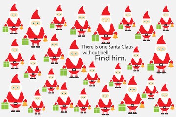 Find Santa Claus without bell, christmas fun education puzzle game for children, preschool worksheet activity for kids, task for the development of logical thinking and mind, vector illustration