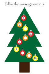 Game with christmas tree for children, fill in the missing numbers, easy level, education game for kids, school worksheet activity, task for the development of logical thinking, vector illustration