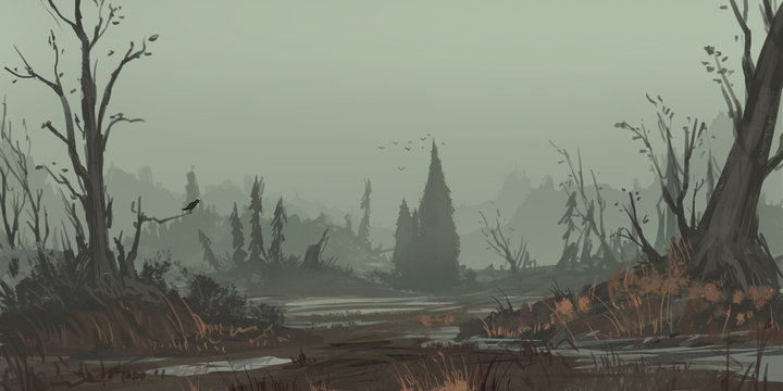 The Desperate Land. Fantasy Topic. SpitPaint. Concept Art. Fast Drawings. Sketch Paint. Realistic Style. Video Game Digital CG Artwork, Concept Illustration, Realistic Cartoon Style Scene Design
