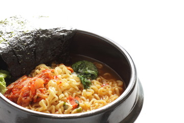 Korean food, kimchi and ramen noodles