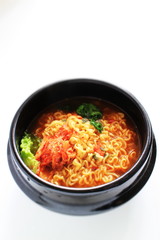 Korean food, kimchi and ramen noodles