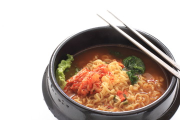 Korean food, kimchi and ramen noodles