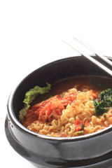 Korean food, kimchi and ramen noodles