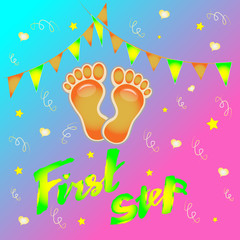 Fototapeta premium Handwritten brush lettering vector illustration of the text first step-print for children's clothing, children's greeting card, children's holiday, text for children's clothing. Future success. EPS10