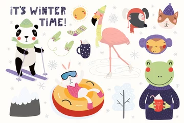  Big set with cute animals in winter, playing in the snow, skiing, tubing, skating. Isolated objects on white. Hand drawn vector illustration. Scandinavian style flat design. Concept for children print © Maria Skrigan