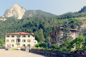 Fototapeta na wymiar Beluno, Italy August 7, 2018: Perarollo di Cadore mountain village. Houses on the mountains.