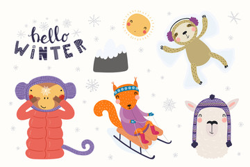 Big set with cute animals in winter, playing in the snow, sledding, making snow angel. Isolated objects on white . Hand drawn vector illustration. Scandinavian style flat design. Concept kids print.