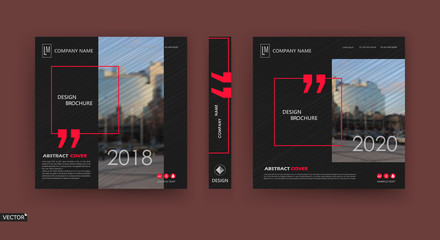 Abstract patch brochure cover design. Black info data banner frame. Techno title sheet model set. Modern vector front page art. Urban city blurb texture. Red citation figure icon. Ad flyer text font