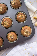 muffins with chocolate and nuts. cake with cream and fruits. cooking backstage cake