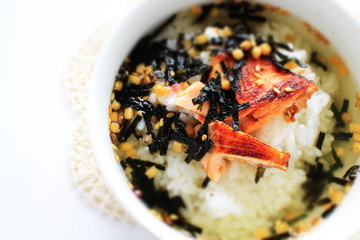 Japanese food, grilled salmon and tea rice
