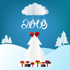 Blue Happy New Year 2019 card with paper Christmas tree with gifts.