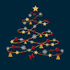 Christmas tree decorated with bows, balls, snowflakes, bells on a dark blue background.