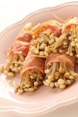 Japanese Enoki mushroom and bacon roll for asian food image