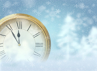 Blue shiny Christmas and New Year background with golden clock.