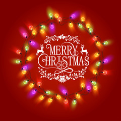 Red Merry Christmas card with round frame of colorful decorative lanterns.