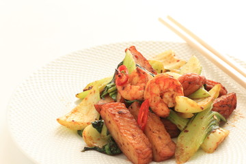 Asian food, chili pepper stir fried with prawn and celery