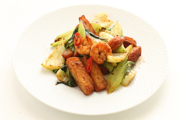 Asian food, chili pepper stir fried with prawn and celery