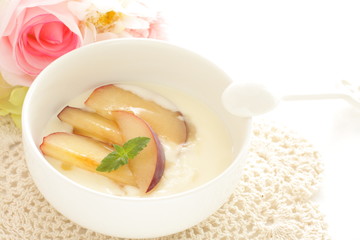 Plum and mint on honey yogurt