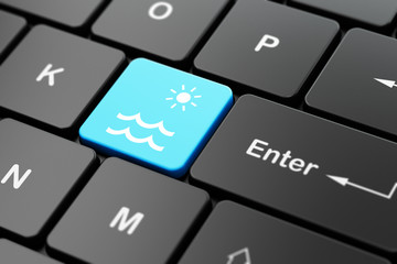 Fototapeta premium Vacation concept: computer keyboard with Beach icon on enter button background, 3D rendering