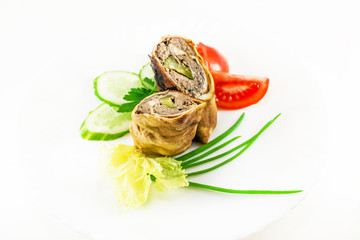 Meatloaf with fresh vegetable, tomato, onion and cucumber on white background