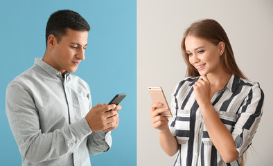 Young couple using mobile phones for online date