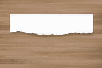Ripped paper background on brown wood texture. Torn paper edge with area for copy space. Vector.