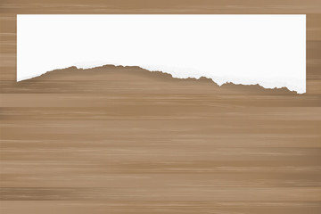 Ripped paper background on brown wood texture. Torn paper edge with area for copy space. Vector.