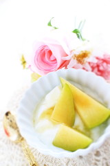 Sweetness Japanese melon and honey on yogurt