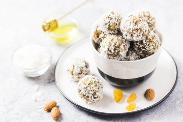 Chocolate coconut power balls. Selective focus, space for text.