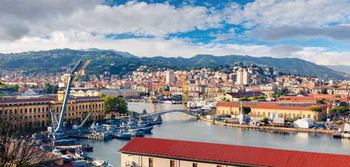 Obraz premium Colorful spring view of port of La Spezia city. Sunny morning scene of Mediterranean sea, Liguria, Italy, Europe. Magnificent Mediterranean landscape. Artistic style post processed photo.