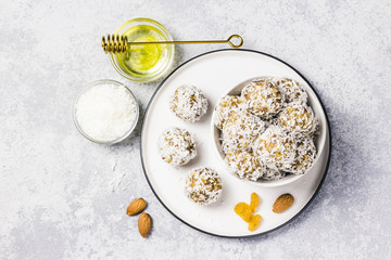 Date chia coconut power balls. Top view, space for text.