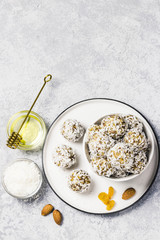 Date chia coconut power balls. Top view, space for text.