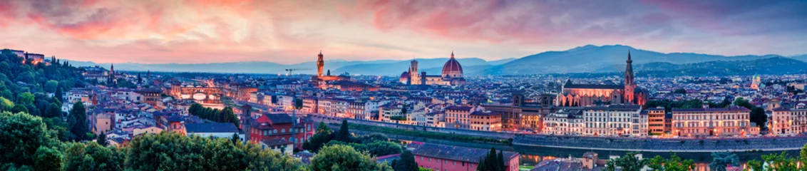 Foto op Plexiglas Fantastic spring panorama of Florence with Cathedral of Santa Maria del Fiore (Duomo) and Basilica of Santa Croce. Colorful sunset in Tuscany, Italy, Europe. Traveling concept background. © Andrew Mayovskyy