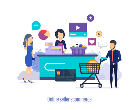 Online seller ecommerce. Shopping in store, mall, supermarket.