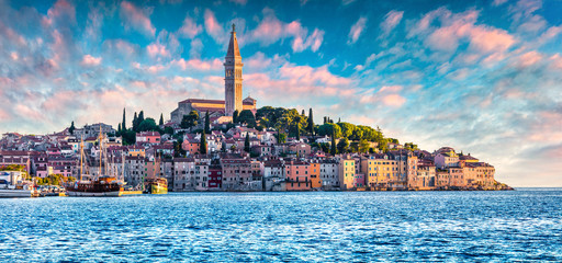 Great spring sunset of Rovinj town, Croatian fishing port on the west coast of the Istrian...