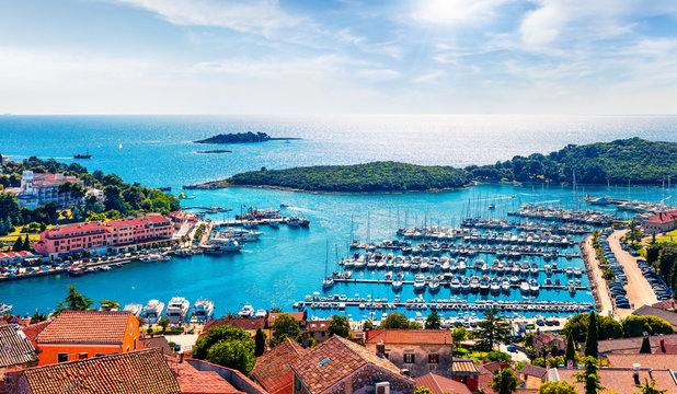 Aerial view of the port of Vrsar (Orsera) town. Colorful spring cityscape of Croatia, Europe. Traveling concept background. Magnificent Mediterranean seascape.