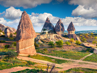 Colorful spring scene of Cappadocia. Picturesque morning view of of Red Rose valley in April....