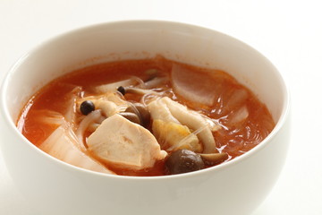 Korean food, kimchi and Shimeji mushroom soup