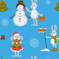 Happy New Year, bunny decorating Christmas tree seamless pattern isolated on blue background vector.