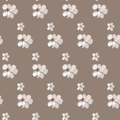 Vector seamless pattern delicate different sizes white pink apple tree flowers located diagonally on a beige color background