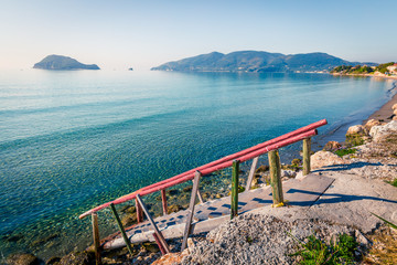 Sunny spring seascape of Ionian sea. Picturesque morning scene in the Port Sostis, Zakynthos...